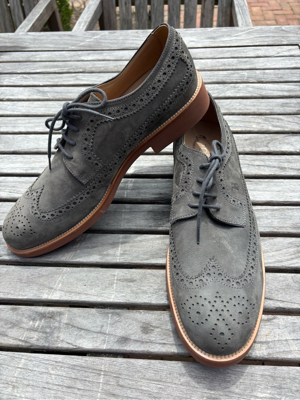 Tod’s Derby Bucature Wing Tip Lace Up Suede Oxfords Sage Green Size 11 - Picture 5 of 16